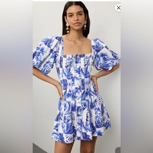 FARM Rio Blue and White Flower Tropical linen Mini Dress